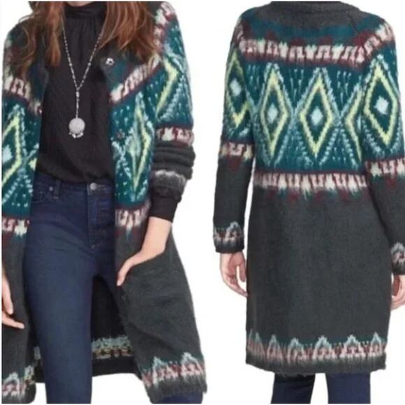 FREE PEOPLE XS Fair Isle Bohemian Long Line Sweater Cardigan Nordic Mohair Wool - Picture 1 of 16
